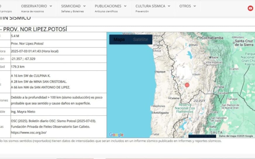 Sismo de magnitud 5.4 sacude Nor Lípez, Potosí, con epicentro a gran profundidad