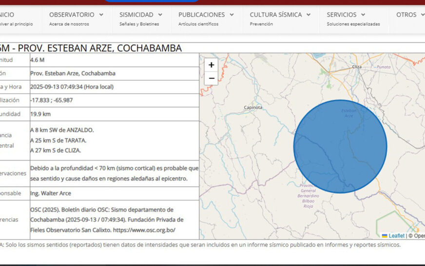 San Calixto registra temblor de 4.6 grados en Cochabamba provincia Esteban Arze